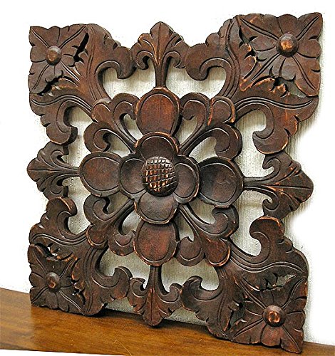 Amazon.co.jp: アジアン雑貨 壁掛け木彫りのレリーフ〔お花・唐草模様